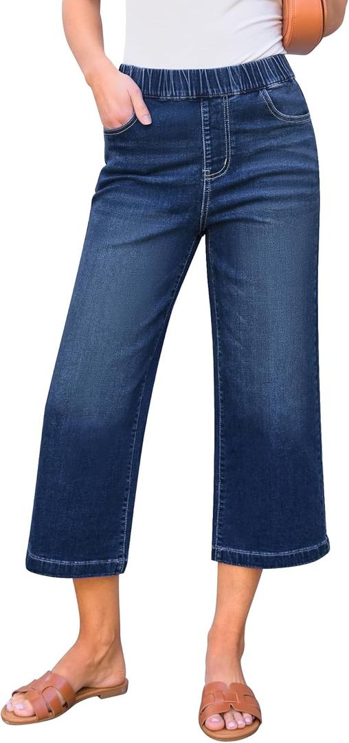 GRAPENT Capri Jeans for Women Wide Leg High Waisted Effortless Flow Pull On Stretchy Denim Elastic Waist Pants with Pockets (Blue, M)