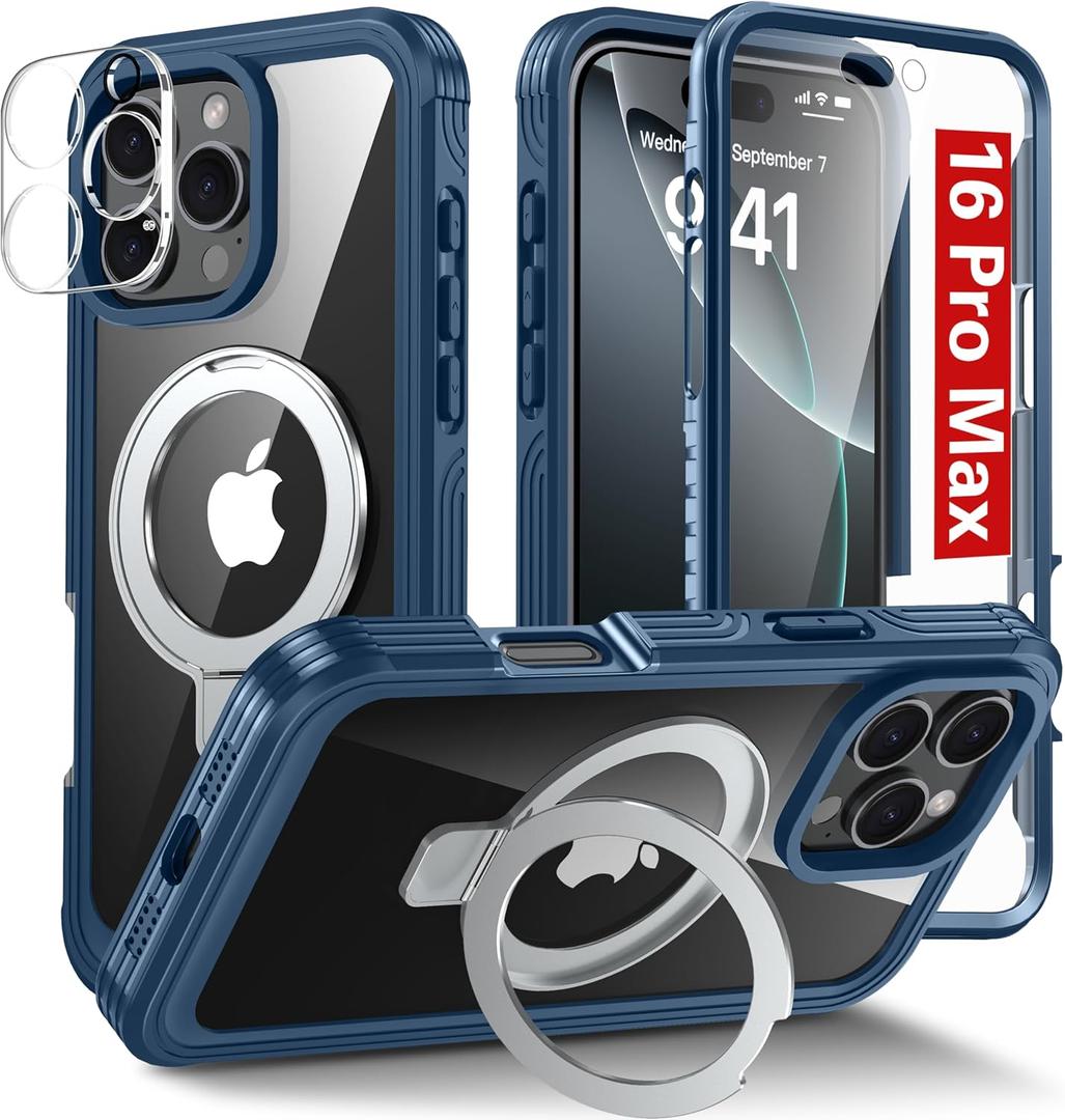 Oterkin Magnetic for iPhone 16 Pro Max Case Compatible with MagSafe [Foldable Stand][Camera Lens Protector][Built-in Touch Sensitive Glass Screen Protector] 15FT Military Full Body Rugged Case (Navy)
