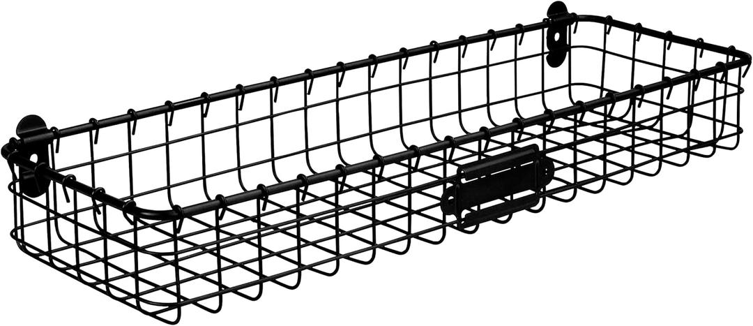 Spectrum Long Wall Mounted Wire Basket Tray with Label Plate in Matte Black, Modern Wire Basket Wall Mount Organizer for Pantry Kitchen Bathroom Closet Storage Sleek Open Steel Tray Bin