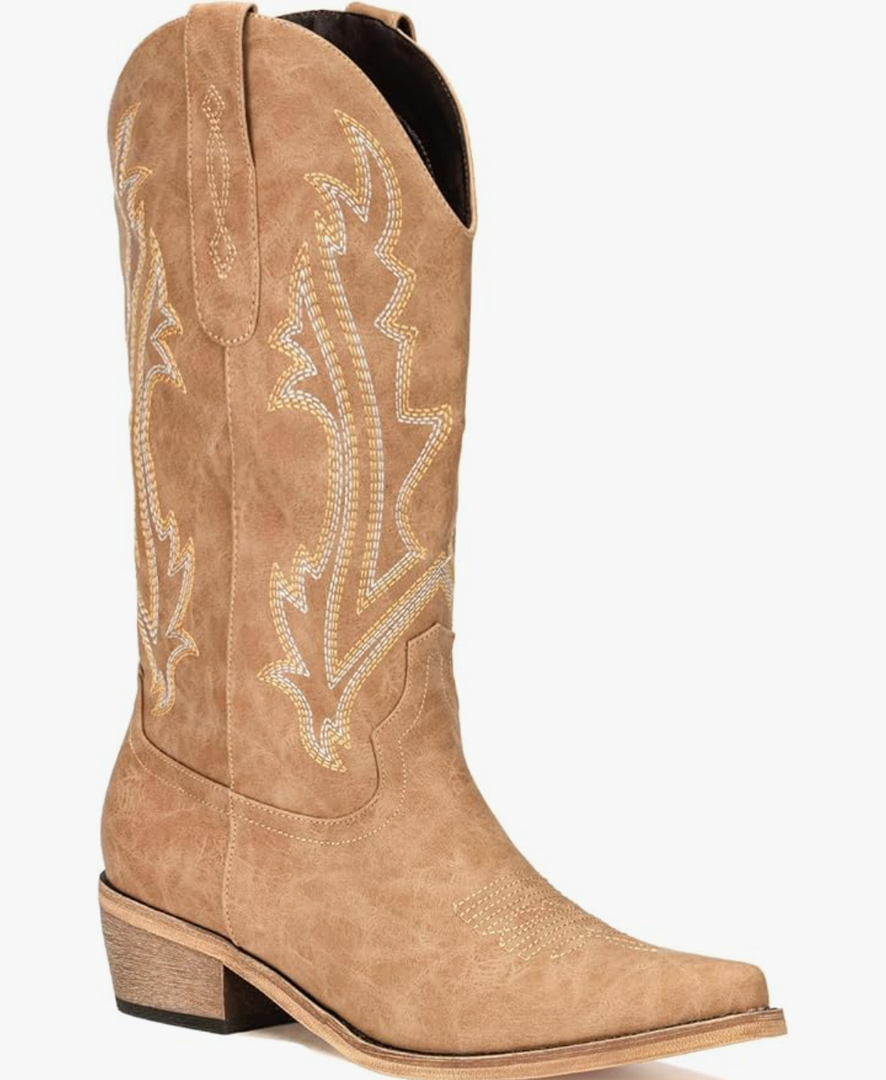 Cowboy Boots for Women Mid Calf Black Cowgirl Boots Square Toe Western Boots Womens Cowboy Boots Chunky Heel botas vaqueras para mujer, Tan, 8