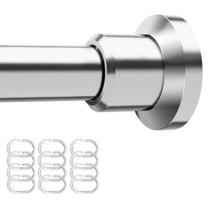 Shower Curtain Rod with 12 Hooks Rings Adjustable 31"-104", No Drill Curtain Rod Tension Shower Curtain Rod Stainless Steel Rust Proof Shower Rods for Bathroom Shower Stall, Silver