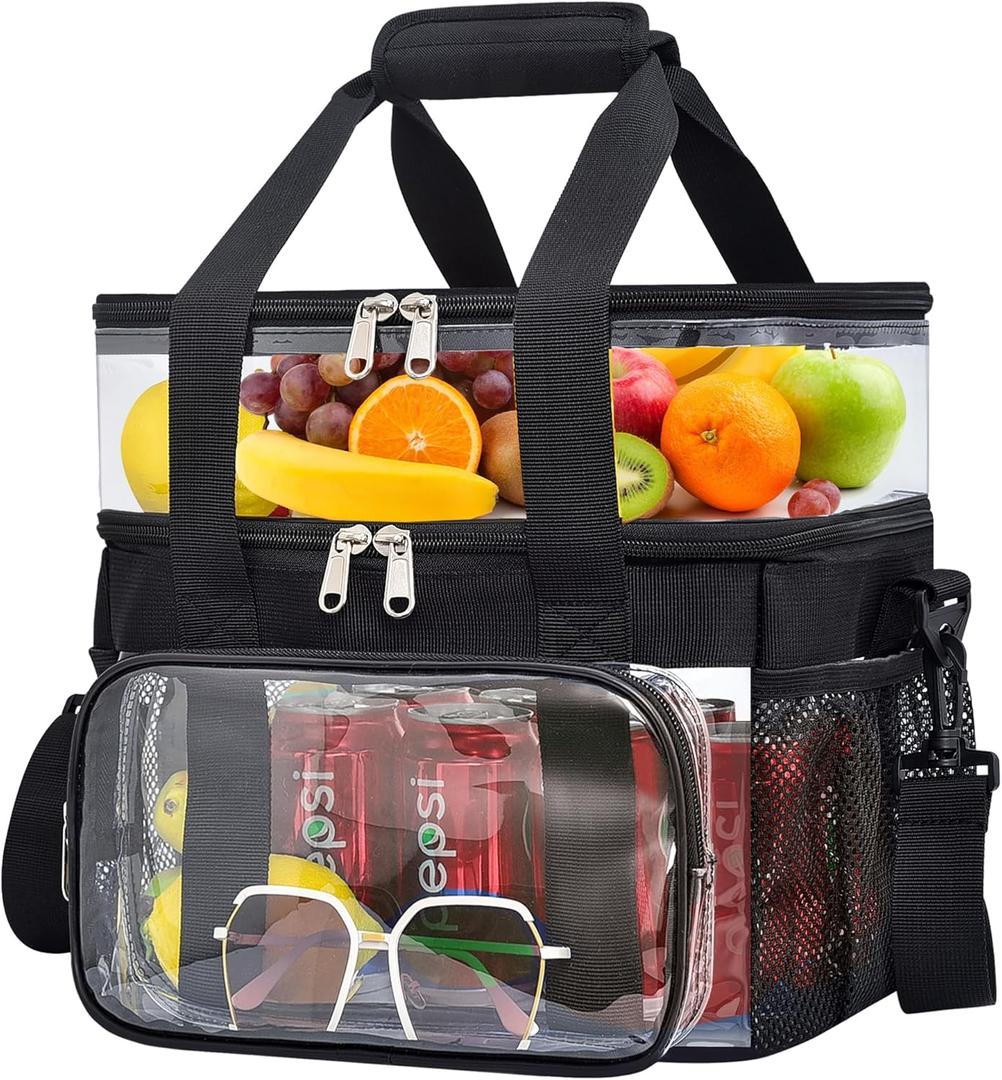 Double -Deck Clear Lunch Bag for Work with Adjustable Shoulder Strap and Top Compartment for Work, Picnic, Beach, School