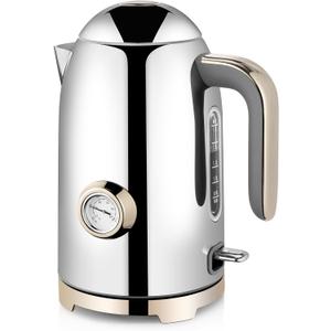 SUSTEAS Electric Kettle - 57oz Hot Tea Water Boiler with Thermometer, 1500W Fast Heating Stainless Steel Pot, Cordless LED Indicator, Auto Shut-Off & Boil Dry Protection, Silver