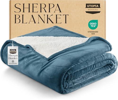 Utopia Bedding Sherpa Blanket Queen Size (Stone Blue, 90x90 Inches) - Soft Lightweight Plush Fleece Reversible Blanket for Bed, Sofa, Couch, Camping and Travel