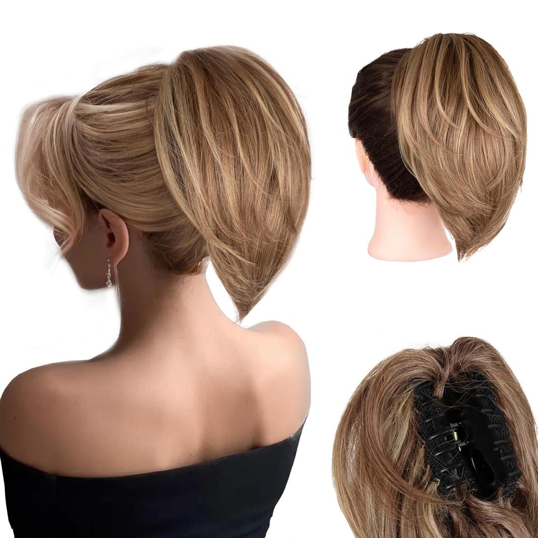 10 Inch Short Ponytail Extension - Clip in Ponytail Hair Extensions, Straight Pony Tails Hair Extensions, Synthetic Claw Clip Ponytail Extension for Women (Color: Light Brown Mixed Blonde)