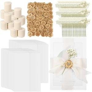 Fuyoooo 60 Set Wedding Invitations Wraps Set Pre Folded Vellum Jackets for 5 x 7 Invitations Self Adhesive Gold Wax Seal Stickers Dried Baby's Breath Flowers Chiffon Silk Ribbon for Craft DIY