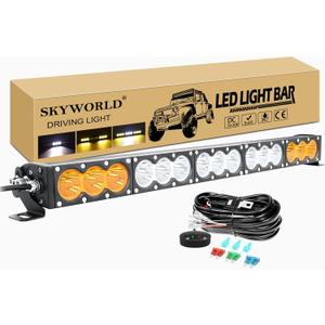 SKYWORLD Single Row LED Light Bar with 12V Wiring Harness Kit, 28 inch 150W Dual Color White Amber Offroad Driving Fog Lights Roof Bumper LED Bar for Car Truck SUV UTE ATV 4x4 4WD Vehicles