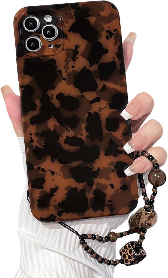 NITITOP Compatible with iPhone 11 Pro Max Case with Chain Lanyard Strap Cute Stylish Leopard Print Brown and Black Amber for Women Girls Men Soft TPU Shockproof Protective Cover - Black