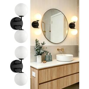 Yunnix Black Bathroom Vanity Light, Modern Globe Vanity Lighting Fixtures with Milk White Glass Shade, Mid Century Vanity Lights Wall Sconce Over Mirror for Bathroom Hallway Entryway (2 Pack)