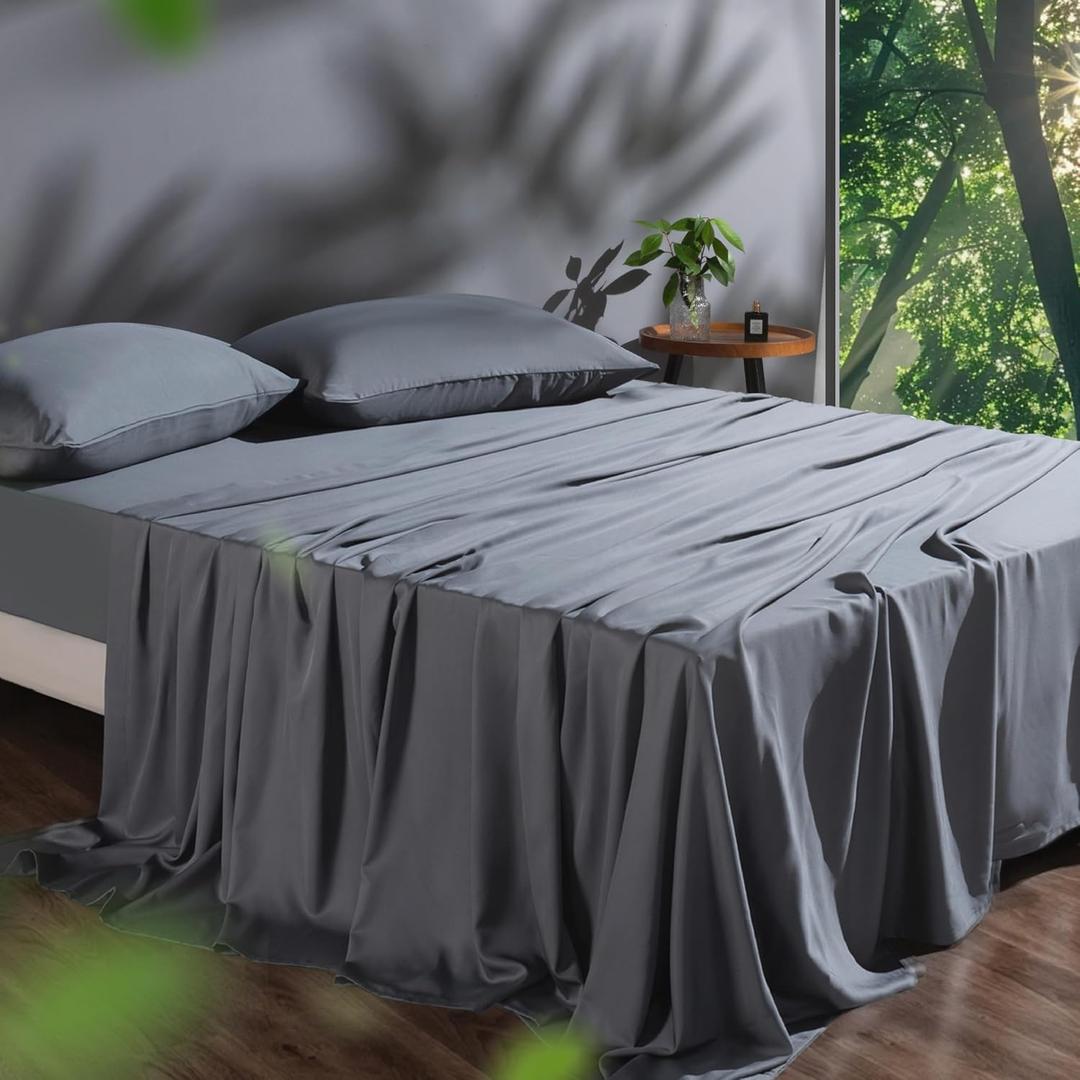 Tencel Sheet Set Queen Size, 100% Eucalyptus Lyocell, Breathable & Cooling Sheets, Deep Pocket Up to 16 Inch, Silky Soft, Ideal for Hot Sleepers - 4PC (Queen, Dark Grey)