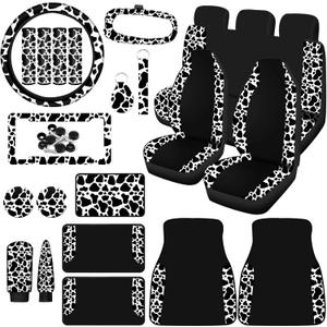 BBTO 26 Pcs Cow Print Car Accessories Cow Print Seat Covers Set Steering Wheel Cup Holders Foot Armrest Pads License Plate Seat Belt Mirror Handbrake Gear Cover Keyring for Truck SUV