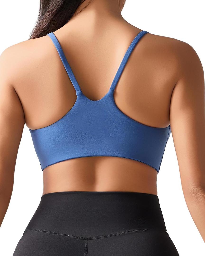 Ama Larsi Sports Bras for Women Spaghetti Thin Strap | Low Impact, U Back, Wireless, Padded Yoga Workout Crop Top (Blue) 8
