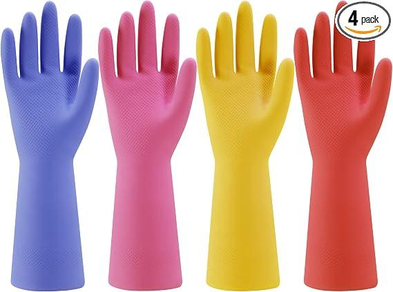Rubber Kitchen Dishwashing Gloves - 4 Pairs Colorful Reusable Household Cleaning Gloves for Washing Dishes and Cleaning Tasks, Flexible Long-lasting and Non-Slip (Medium, Blue+Pink+Yellow+Red)