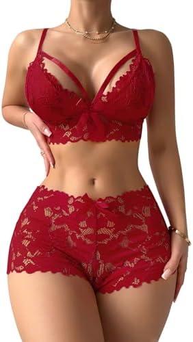 Lilosy Sexy Strappy High Waist Floral Lace Pajamas Lingerie Set Outfits XL
