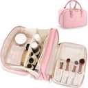Travel Makeup Bag for Women Fashion Large Capacity Pouch Open Flat Cosmetic Portable Organizer Waterproof Large Opening Storage Toiletry Bags Vertical Free-Standing Brush Holder for Easy Access Pink