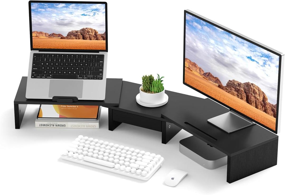 Dual Monitor Stand Riser - Computer Monitor Stand for 2 MonitorsOffice Desktop OrganizerAdjustable Length and Angle 3 Shelf with Storage Drawer Phone Holder for Monitors and Laptops-Black