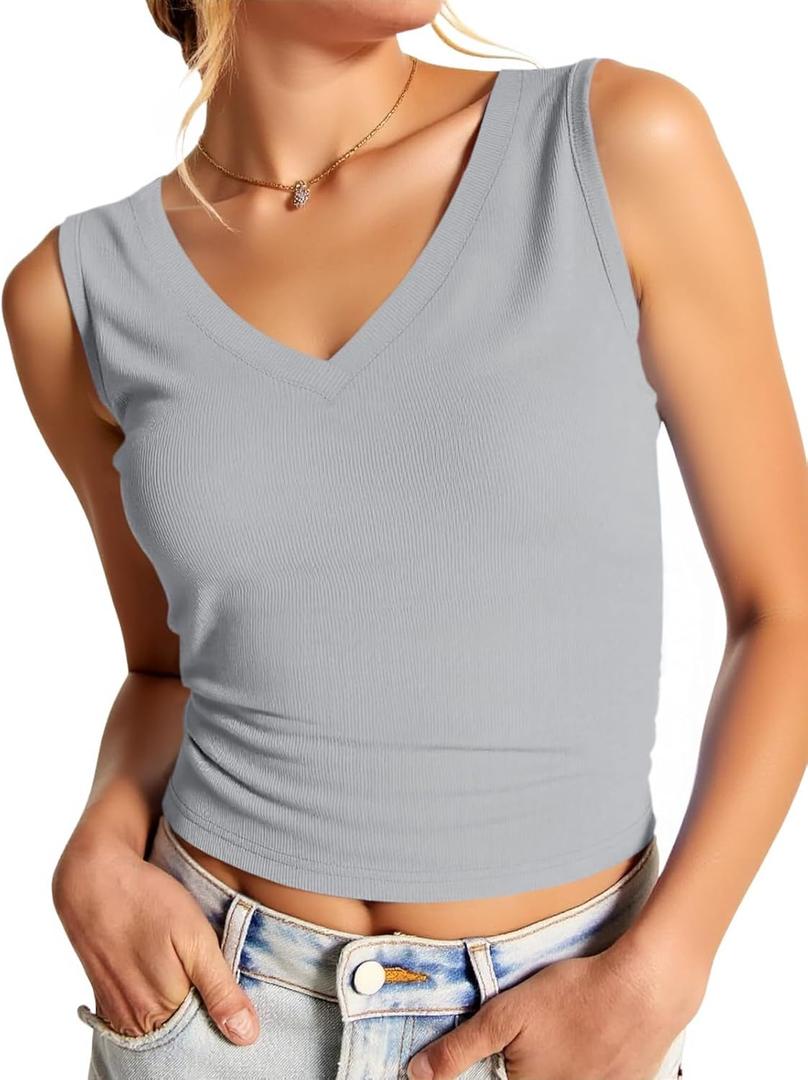 Imily Bela Womens Ribbed Tank Tops Summer Slim Fit V Neck Tops Casual Basic Knit Sleeveless Shirts (Small, Light Grey)