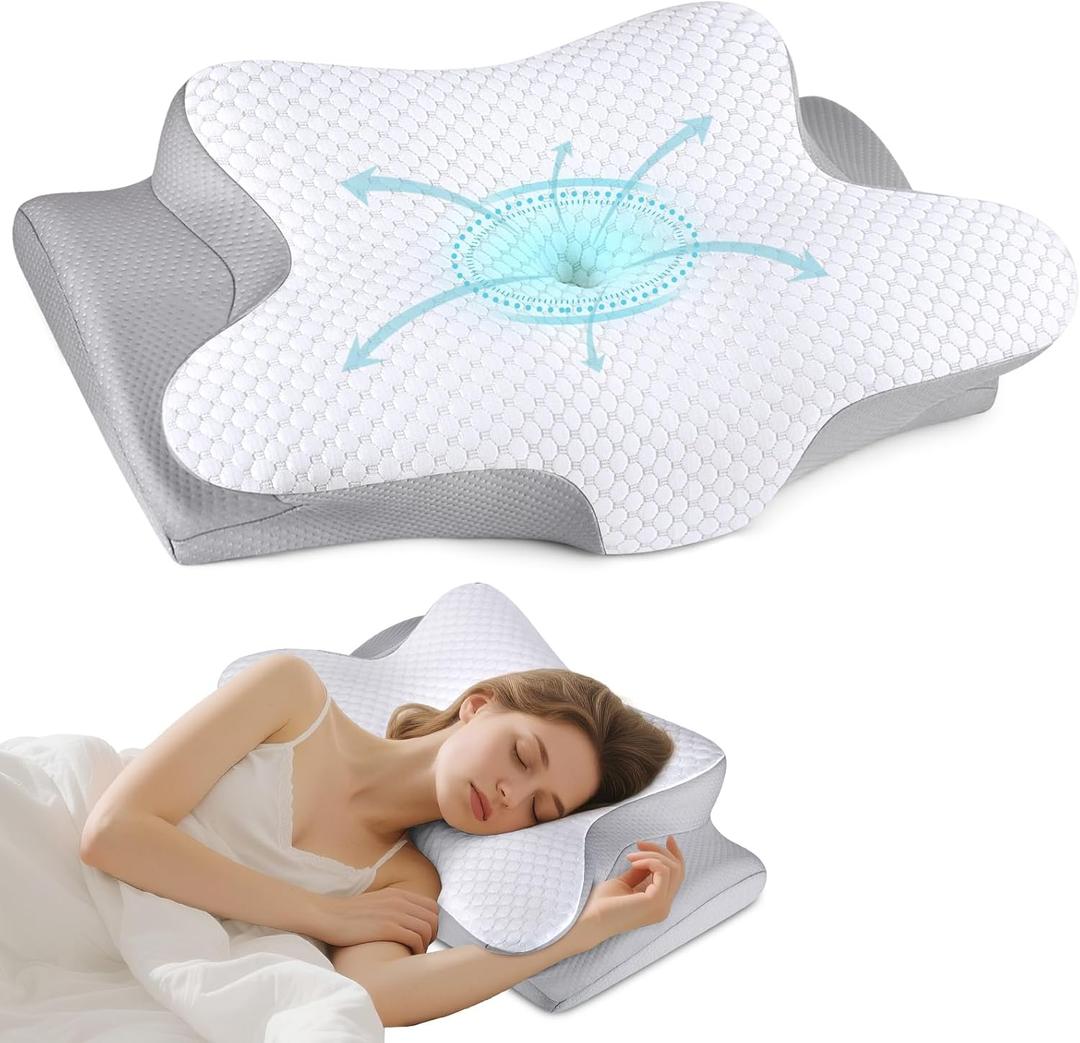 Cervical Neck Pillow for Sleeping - Ergonomic Side Sleeper Pillow for Pain Relief, Contour Cervical Pillow for Neck Support, Orthopedic Memory Foam Pillows Bed Pillow for Side Back Stomach Sleeper (White)