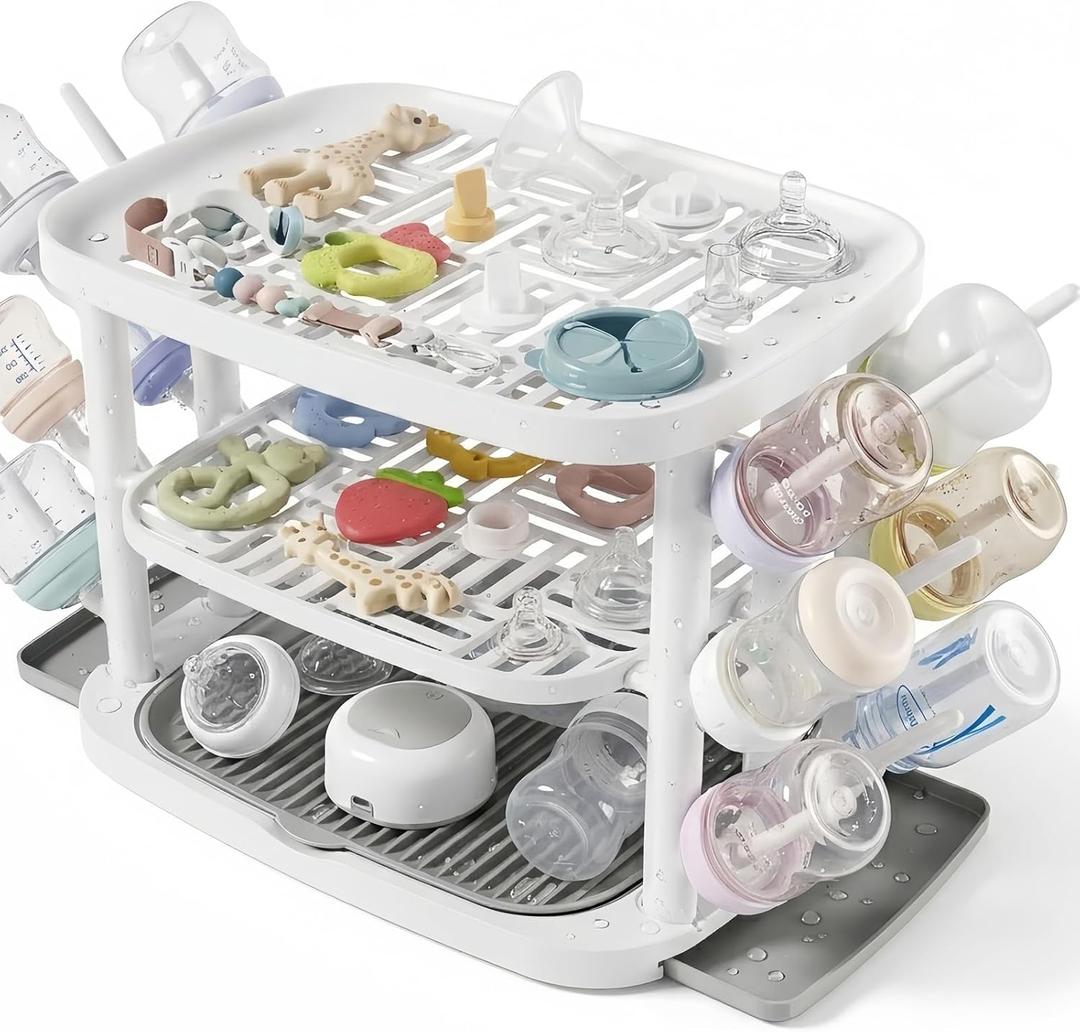 Baby Bottle Drying Rack,3-Tier Large Capacity Countertop Organizer with 360 Ventilation, Removable Drip Tray, Non-Slip Base  Easy to Clean Bottle Holder for Baby Accessories