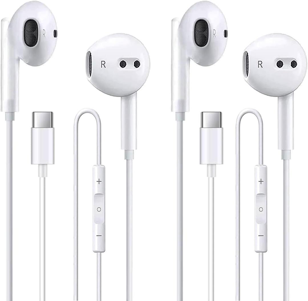 2 Pack of USB C Headphones for iPhone 17/17Pro/17Pro Max/16/16 Pro/16 Plus/16 Pro Max/15/15 Plus/15 Pro/15 Pro Max,USB Type C Earphones HiFi Stere, White Wired Earbuds with Microphone & Volume Control