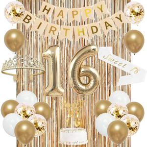 Trgowaul Sweet 16th Birthday Decorations for Girls, Banner, Sash and Crown, Cake Topper, 16 Number Balloon, Fringe Curtains, Champagne Gold 16th Birthday Party Supplies