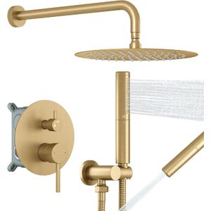 BESy Shower System with 10 Inch Round Rain Shower Head and Handheld Wall Mounted, High Pressure Rainfall Shower Faucet Fixture Combo Set with 2 in 1 Handheld Showerhead for Bathroom, Brushed Gold