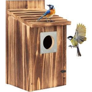 2 Pack Bird Houses for Outside with Metal Predator Guard for Bluebird Wren Swallow Finch, Carbonized Wooden Nesting Boxes for Outdoor, Sturdy Bird House,Easy to Clean
