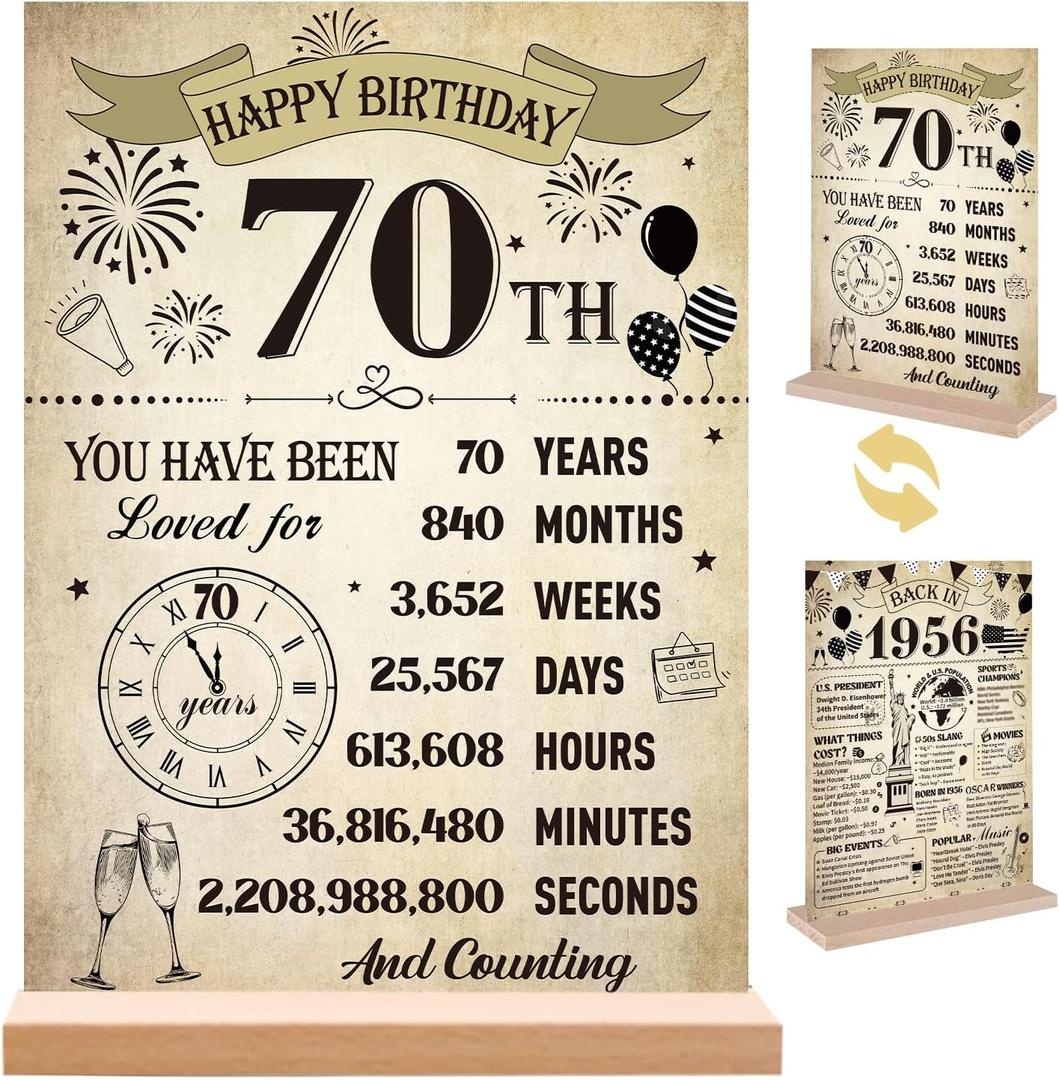 Yoyuspy 70th Birthday Decorations for Women Men, Vintage Double-Sided Printing Back in 1956 Acrylic Poster Sign with Stand Gifts, Cheer to 70 Years Party over the Hill Table Decor Supplies