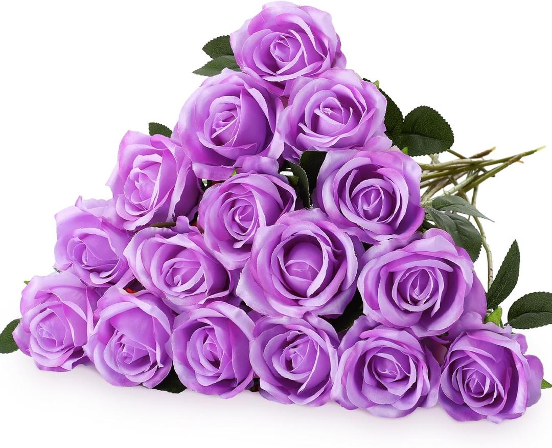 Hotop 20 Pcs Artificial Rose Flowers with Long Stem,Real Touch Silk Realistic Plastic Bouquet Roses Bulk for Home Decor Bridal Wedding Party Table Centerpieces Decorations(Purple)