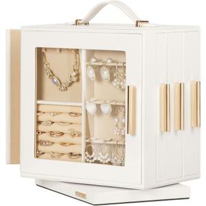 Homde Jewelry Box 360 Rotating, Necklace Earring Organizer with Transparent Window, Mirror, 7 Drawers, Large Ring Display Storage Case for Girls Women (White)