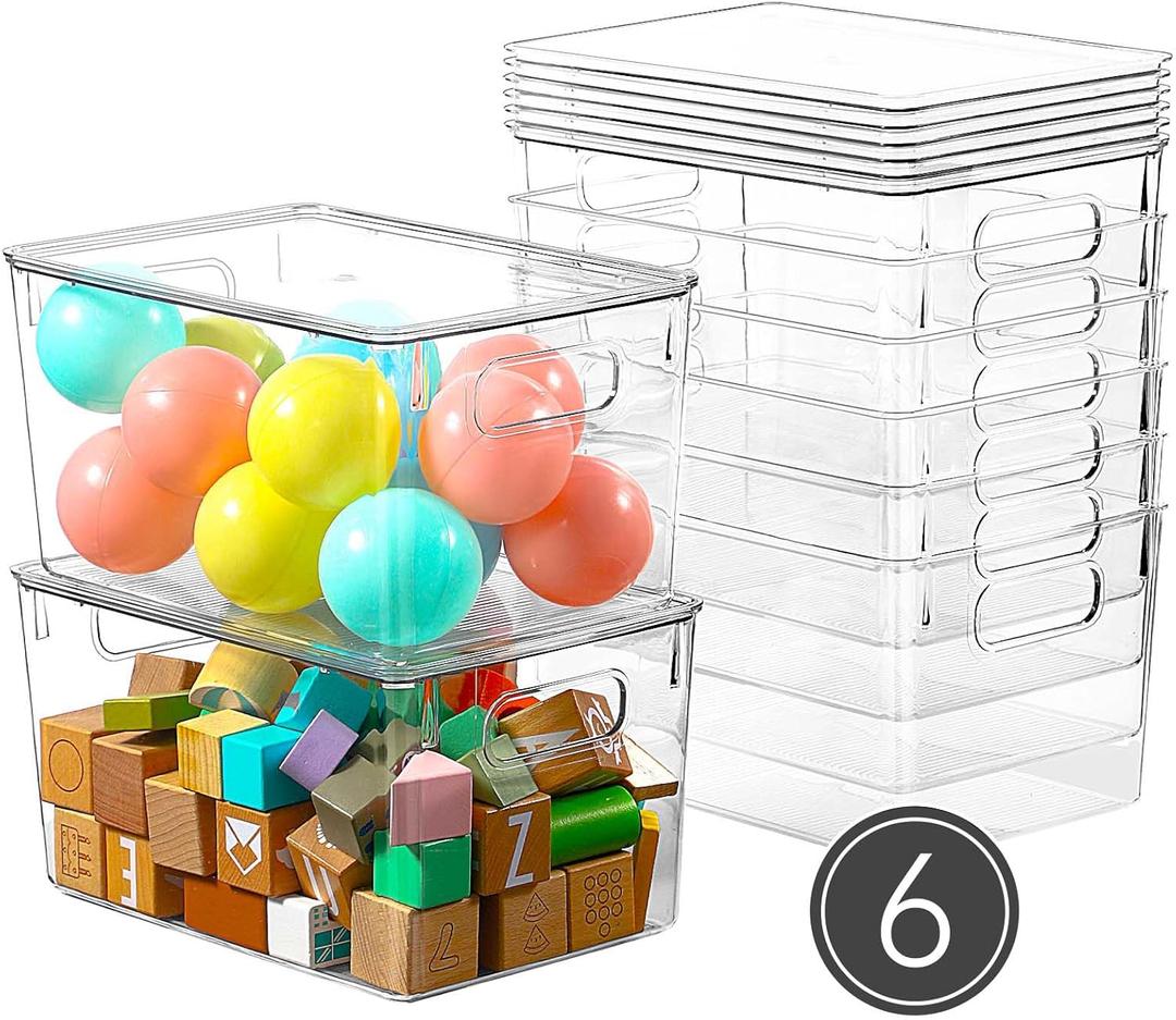 6 Pack Clear Storage Bins with Lids, 7 Quart Stackable Storage Boxes for Storage and Organization, Plastic Storage Containers with Lids, Plastic Bins with Handles for Office, Bedroom, Study Room