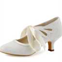 ELEGANTPARK Lace Wedding Shoes Closed Toe Bridal Shoes Women Mary Jane Low Heels Pumps Wedding Dress Shoes, 9.5
