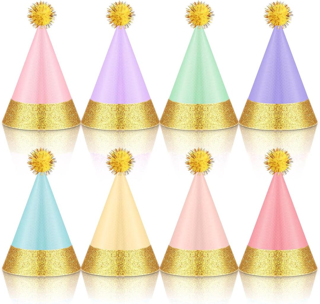 40 Pcs Mini Party Hats with Pompoms, Glitter Stuffed Animals Birthday Party Cone Hat for Stuffed Animals Pets Party (Macaron Color, 2 x 3 Inch)