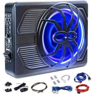 1000W Car Subwoofer, 10'' Slim Under Seat Powered Car Subwoofer w/Built-in Amplifier & Hi/Lo Input, Bass Speaker Subwoofer with Blue Light, Individual Control, for Car/Truck/SUV/Jeep/MPV, Spider Style