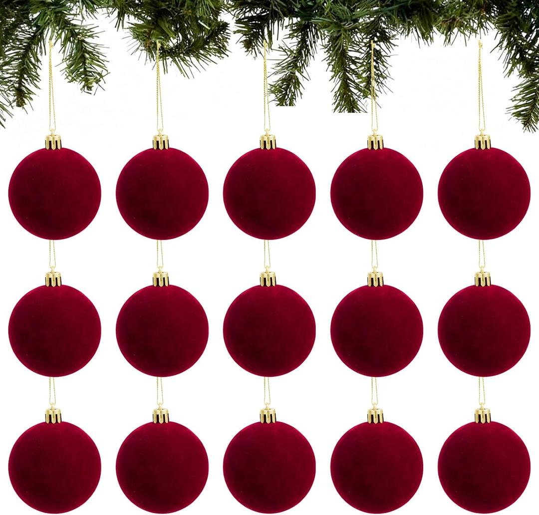 15pcs Velvet Christmas Balls 1.97 Inches Flocked Christmas Hanging Ornaments Ball Red Xmas Tree Velvet Balls for DIY Craft Projects Wedding Christmas Tree Home Decor