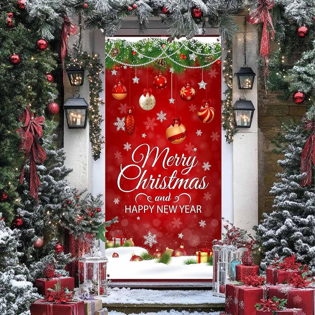 Christmas Door Cover Snowflake Hanging Wall Balls Merry Christmas Happy New Year Front Door Porch Cover Banners for Winter Xmas New Year Holiday Party Decor 70.8 x 35.4 Inch