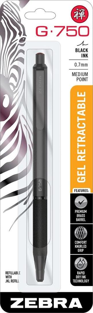 3 x Zebra Pen G-750 Retractable Gel Pen, Black Brass Barrel, Medium Point, Black Ink, 1-Pack, Model Number: 49811
