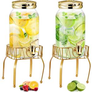 Tanlade 2 Pcs Plastic Drink Dispenser with Stand Beverage Dispenser with Sturdy Metal Base Juice Jar for Parties Lemonade Jar Spigot for Weddings Countertop Water, Each 1 Gallon (Gold)
