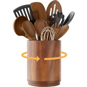 ZUJJAFY Utensil Holder, 360 Rotating Acacia Wood Kitchen Utensil Holder for Counter, 7.2" Large Cooking Utensil Crock for Countertop, Wooden Utensils Organizer for Cooking Spatula Storage