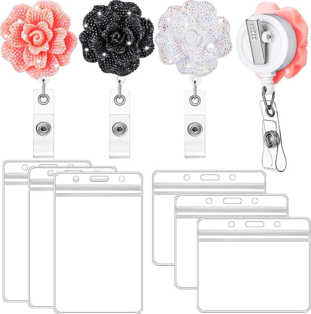 Outus 3 Pack 24 Inch Rose Retractable Badge Holders Nurse ID Badge Reels with 360 Degree Swivel Alligator Clip for Office Worker Doctor Student (Black, Pink, White)