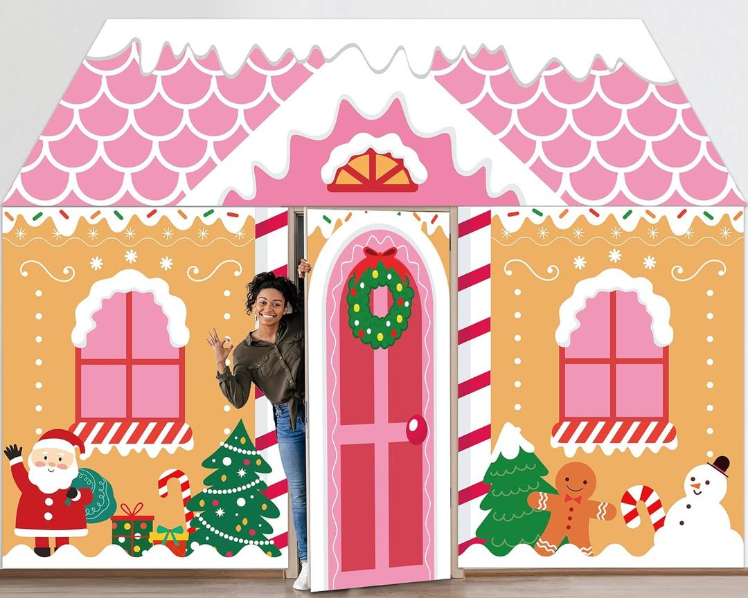 4Pcs Christmas Gingerbread Door Decoration Xmas Party Door Covers Backdrop Christmas Gingerbread House Decorations Xmas Hanging Doors Banner for Holiday Classroom Office Home Party Porch Sign (Pink)