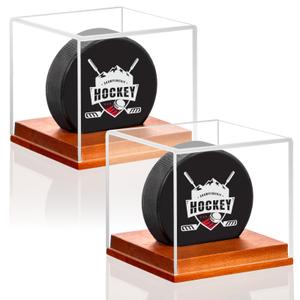 MewVeer Hockey Puck Display Case, Pucks Display Cases with Wooden Base, Acrylic Clear Box - Hockey Memorabilia Storage Holder, for Enthusiasts & Collectors & Fans (2 Pack, Square)