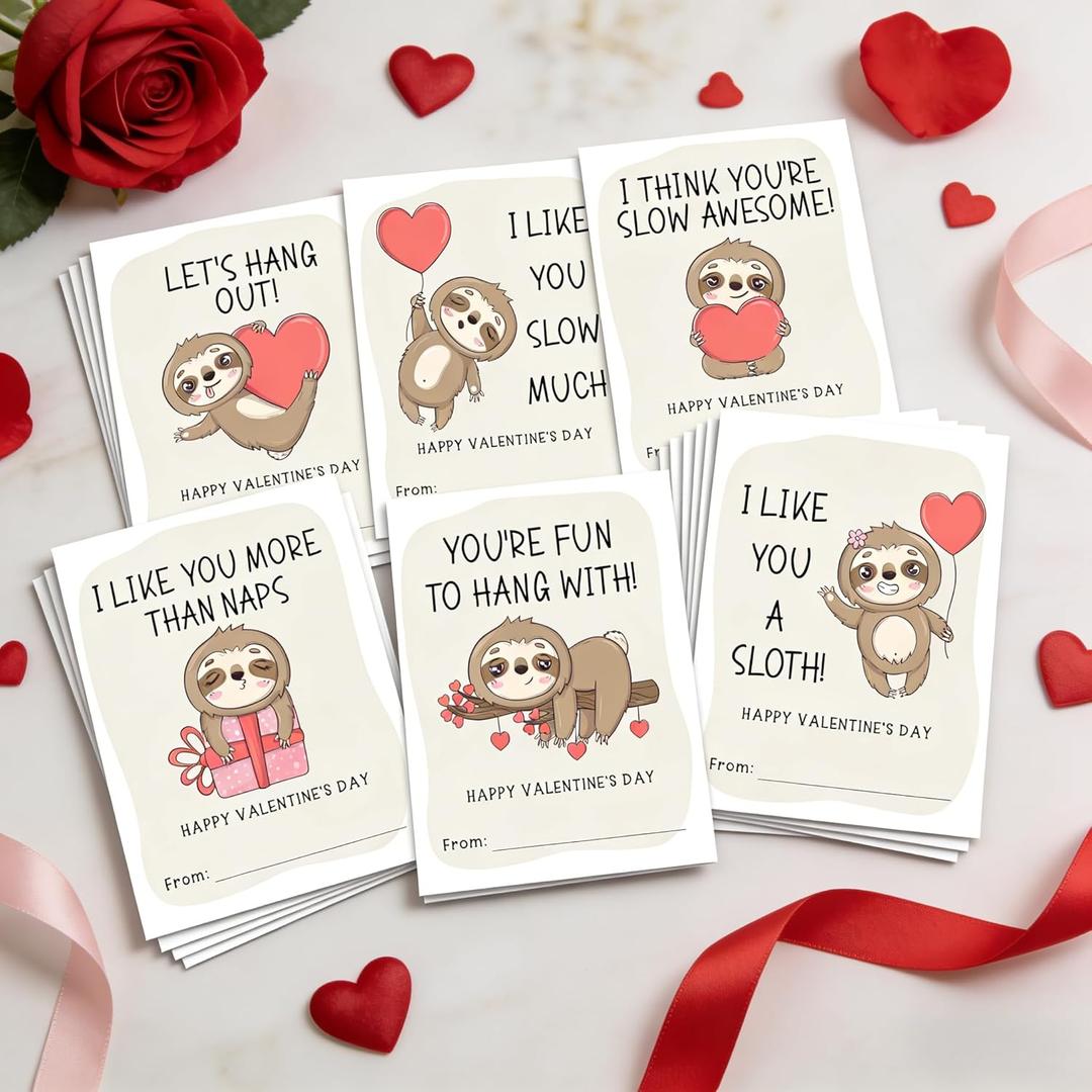 5 x Valentine's Day Sloth Cards for Kids, 24 Pack, 6 Designs, 3.5x5 inch, Cute Animal Theme with Hearts