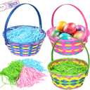 3Pack Easter Gift Woven Basket with Handles and Tricolor Grass Paper Shreds for Easter Egg Hunt Party, Picnic (Style 2)