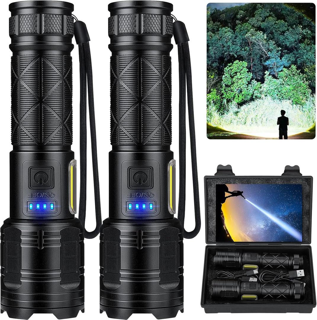 taoquwe Rechargeable LED Flashlights High Lumens, 99,000 Lumen Super Bright Flashlight with 7 Modes & Waterproof, Powerful USB Rechargeable Handheld Flash Light for Camping Home(2 Pack)