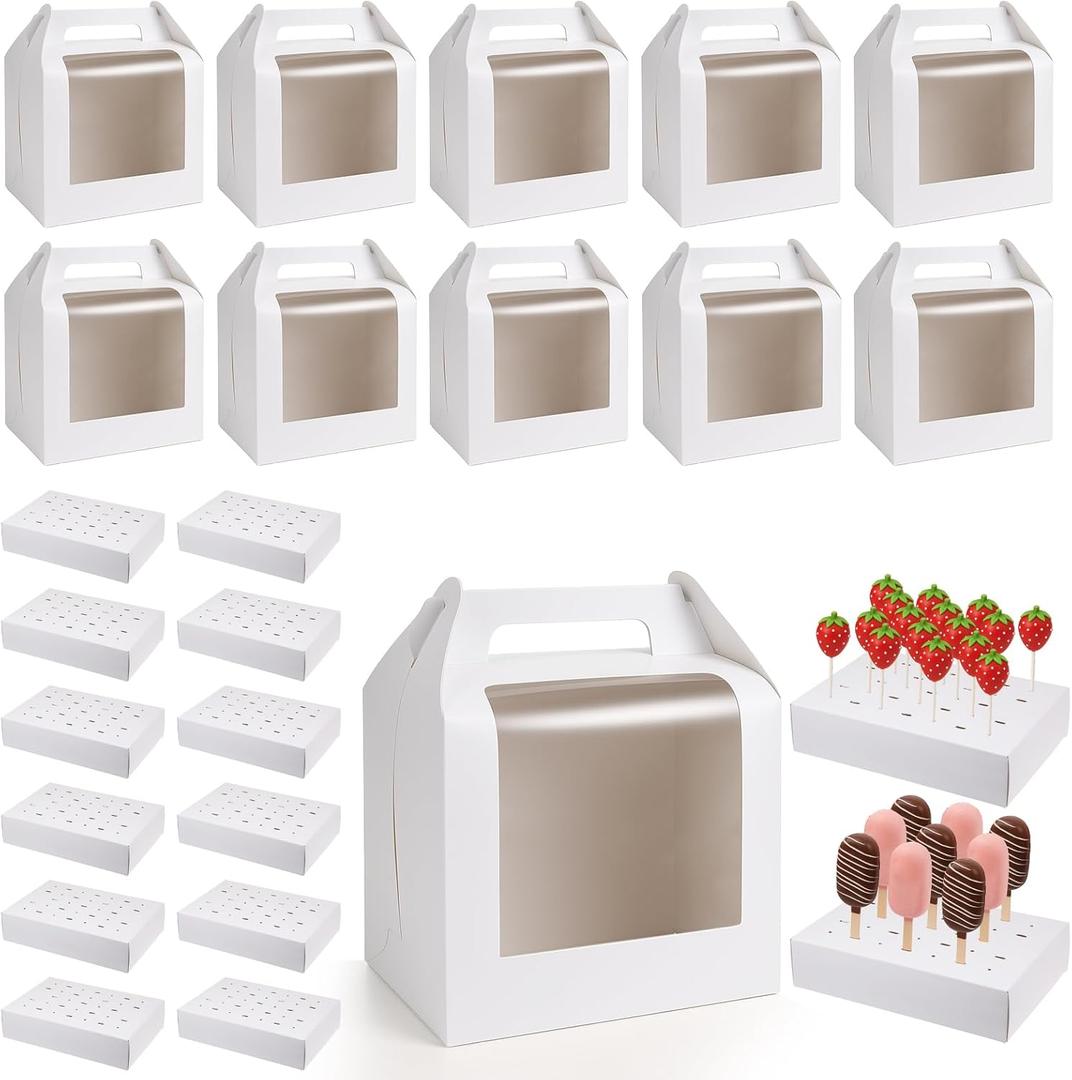 12Pcs Portable Cake Pop Holder Boxes, White Candy Boxes with Clear Window Cakes Pop Boxes Packaging Gift Cakes Pop Stand for Lollipops, Candy Pops, Wedding Birthday Baby Shower Party