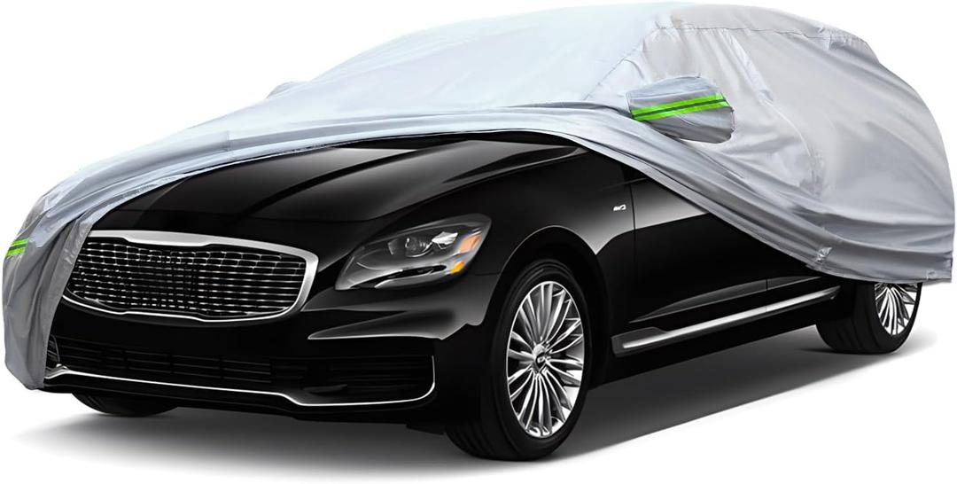 Full Car Cover Universal 6 Layers Outdoor Thicked All Weather Cover, Sunshield, Waterproof, Snow Proof, UV Proof, Scratch Proof, Bird Droppings, 6 Reflective Strips, Fits Sedans up 205"-216"