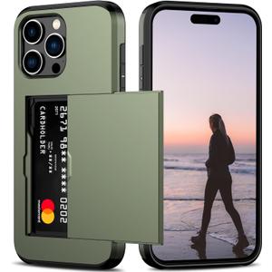 Nvollnoe Compatible with iPhone 15 Pro Max Case with Card Holder Heavy Duty Protective Dual Layer Shockproof Hidden Card Slot Slim Wallet Phone Cover for Women&Men 6.7 inch(Green)
