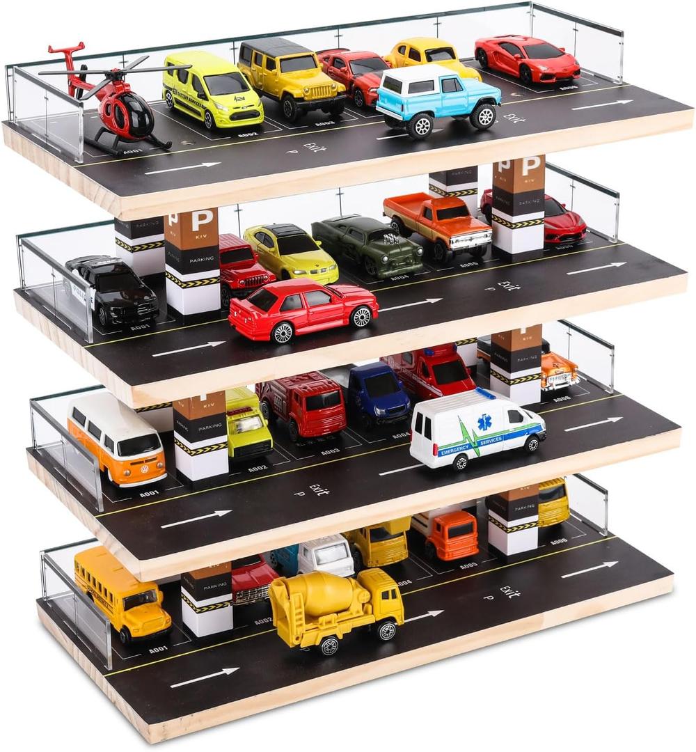 Display Case for Hot Wheels & Matchbox, 1/64 Scale Diecast Toy Car Storage, Parking Garage Diorama - Freestanding Storage with 4 Levels 24 Spots Maximum 40 Cars