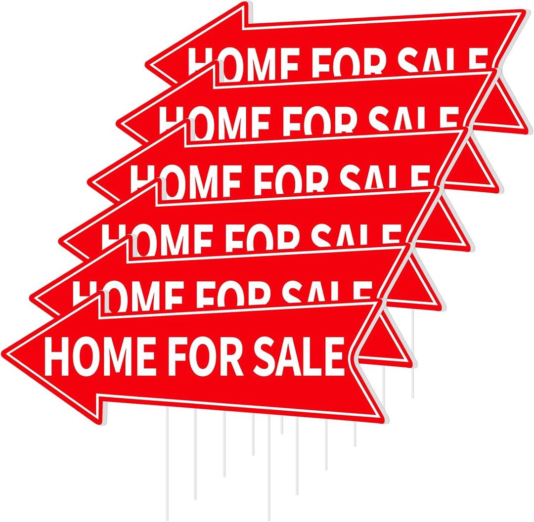 6PCS Home for Sale Signs With Stakes - Red Directional Arrow Double Sided 16 x 5'' Corrugated Plastic Waterproof Yard House Sign for Transaction Event - Left and Right Guest Moving